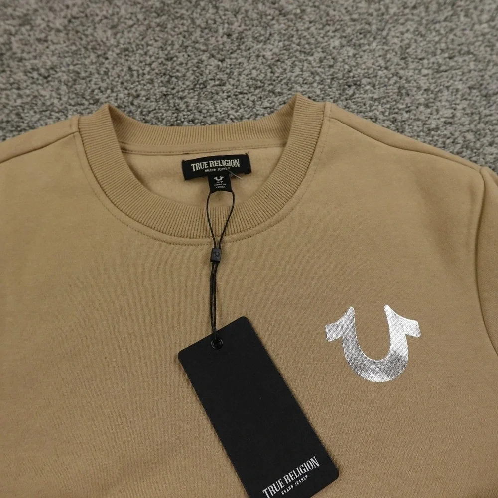 NEW True Religion Sweatshirt Mens S‎ Beige Buddha Logo Pullover Crewneck Sweater